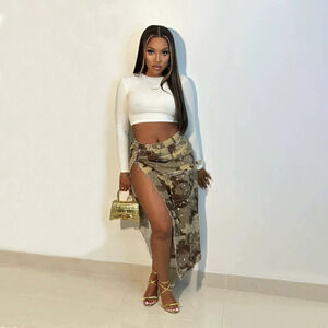 Zara Washed Camo Button Multi Pocket Ripped Slit Denim Skirt